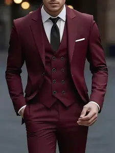 Men'S 3pcs Suit Set, Blazer Suit - Formal Business Attire with Slim Fit, Long Sleeve, Non-Stretch Fabric, Solid Color, Lapel Collar, Fake Buttons, Perfect for Work, Wedding, And Holiday Gifts