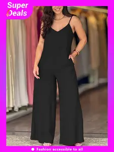 Women's Romper with Adjustable Thin Straps, Spaghetti Strap, Sleeveless, V-Neck Loose Fit Wide Leg Pants, Includes Pockets, Minimalist, Basic, Comfortable and Stylish