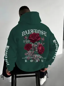 Men's Casual Loose Fit Hooded Sweatshirt with Letter Rose Print, Thick Fabric, Fall & Winter Wear, Outdoor Activities, Floral Print Hoodie