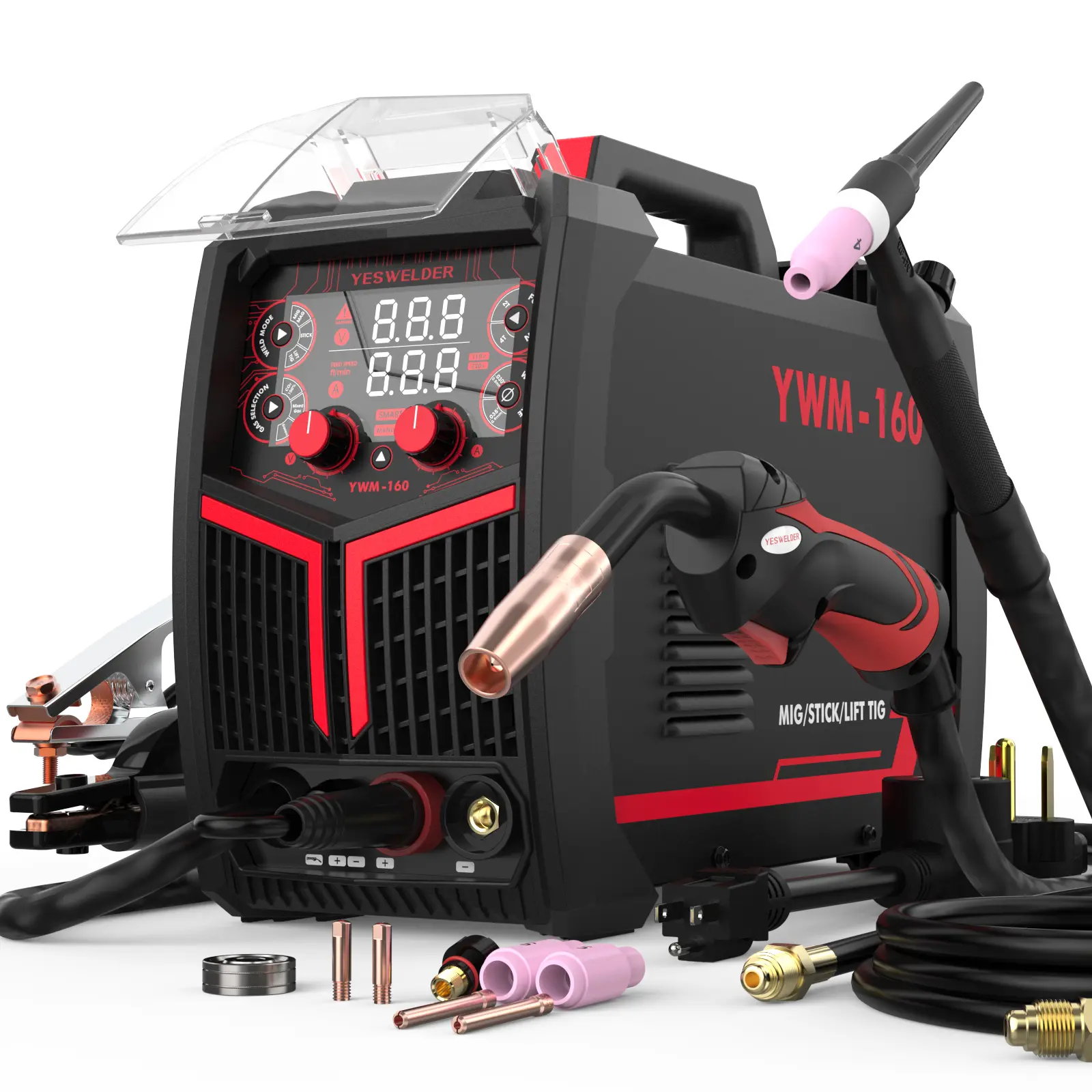 YESWELDER YWM-160 Gas Gasless MIG Welder 160Amp with Lift TIG Torch | 110/220V Dual Volts, Smart MIG Function, Digital Display | Gas/Flux Core/Lift TIG/Stick 4-in-1 Welding Machine