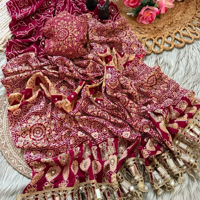 New launching Bollywood inspired Sari. Premium high-quality original heavy mirror work Japanese silk fabric Azra print with Bunu  work Premium high-quality original heavy mirror work Japanese silk fabric Azrak  print Picko foll done sari