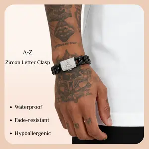 Black Stainless Steel Cuban Link Bracelet for Men, 14mm Heavy Chain with Silver A–Z Initial Clasp, Gothic Punk Hip Hop Style Personalized Statement Gift for Him