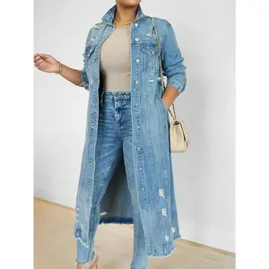 Womens Distressed Ripped Denim Trench Coat Casual Slim Button Down Washed Long Jean Jacket Long Sleeve Solid Color Coat Fitted Outerwear