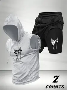 Men's Fashion 2-Piece Set, Spider Print Hooded Sleeveless Vest Top and Drawstring Waist Basketball Shorts, Casual Comfort Active Outfits Sportswear Gift, Summer Sportswear