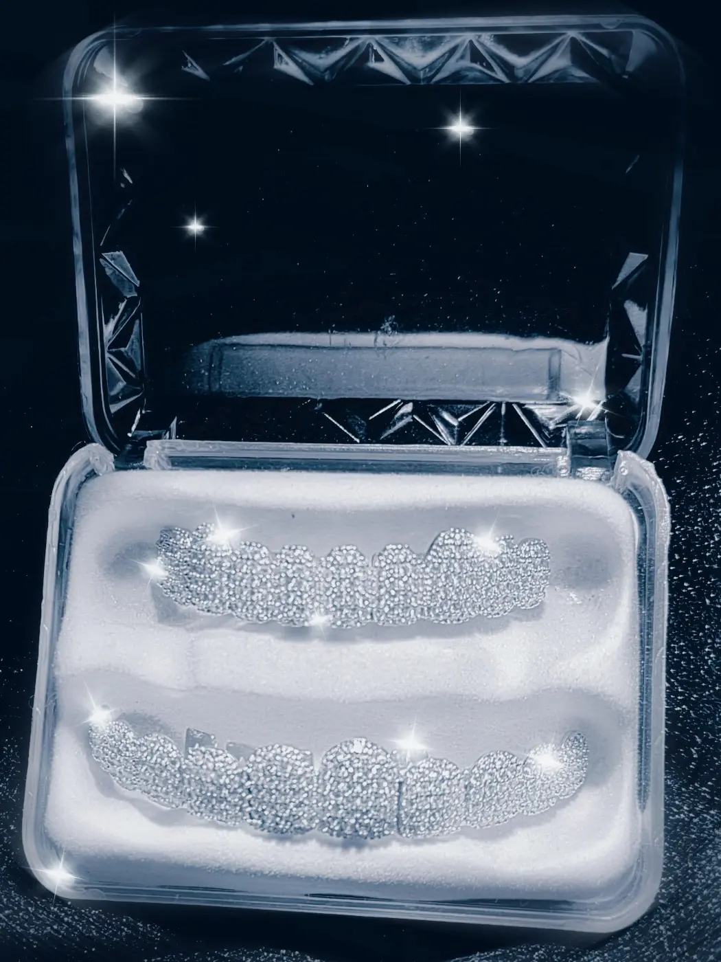 Hip Hop Grillz 2 Pcs Set, Iced Out Zircon Full Coverage Teeth Caps, Silver Rapper Style Mouth Jewelry for Party, Club & Performance