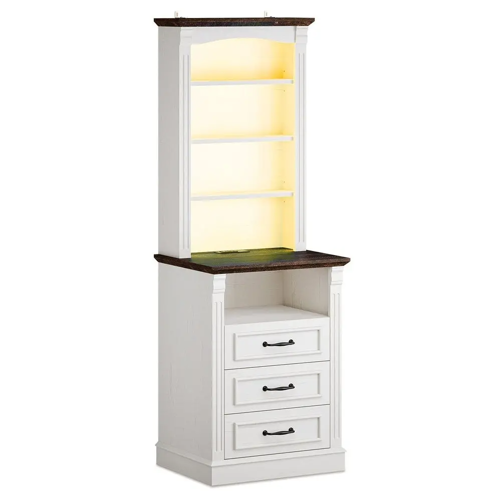 SIKAIC Farmhouse LED Bedside Table - 61-in Tall Engineered Wood Nightstand with Widened Base, Charging Station, 3 Drawers, 3 Adjustable Shelves, Drawer-Equipped, Laptop-Friendly, Built-In, Multi-Functionality, Elevated for Bedroom, Drawer-Equipped Bedside