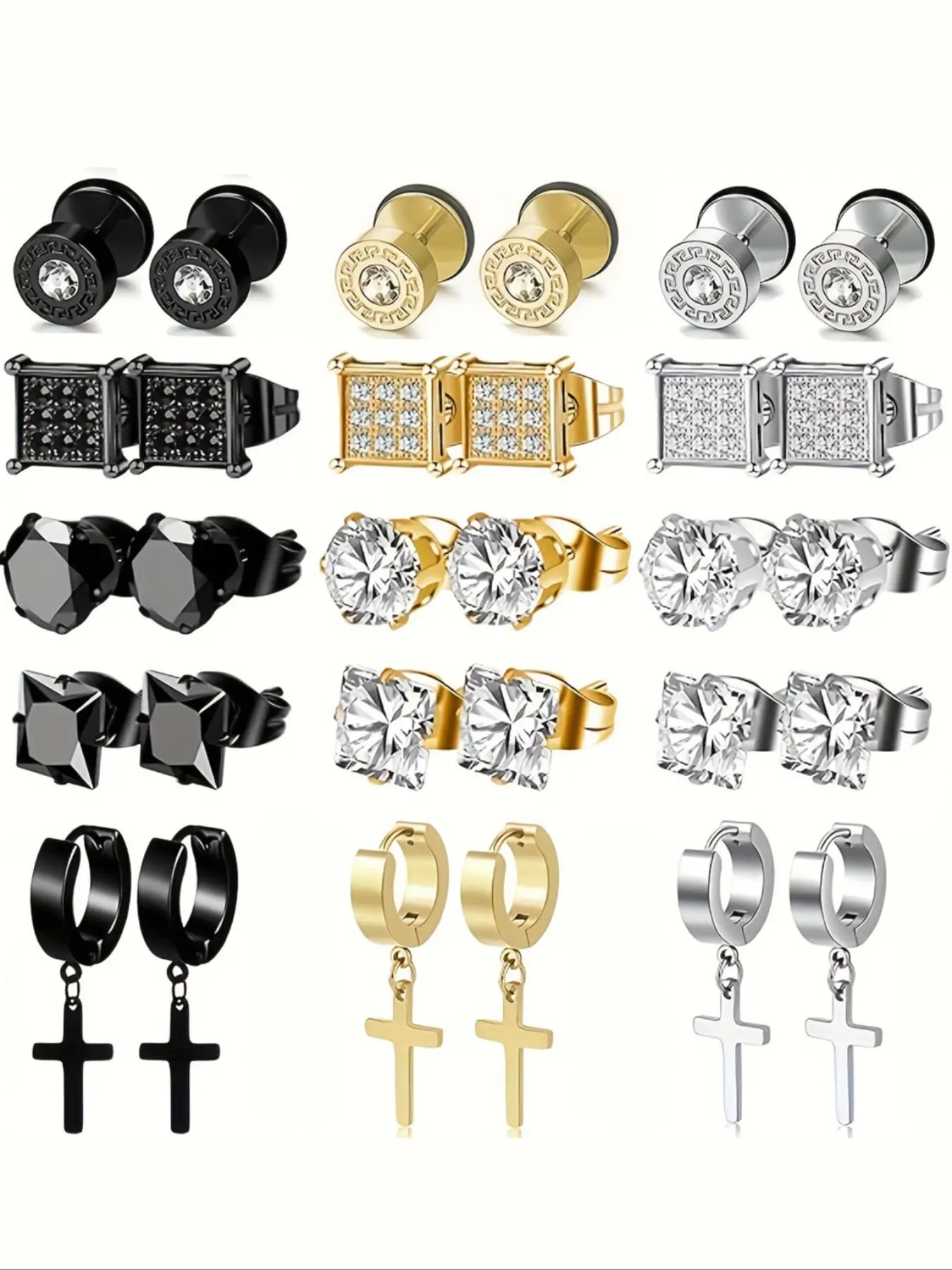 Geometric and Cross Design Earrings Set, Hypoallergenic Stainless Steel Cartilage Stud Earrings with Artificial Zircon for Women and Men, Earrings Studs, Gift Jewelry