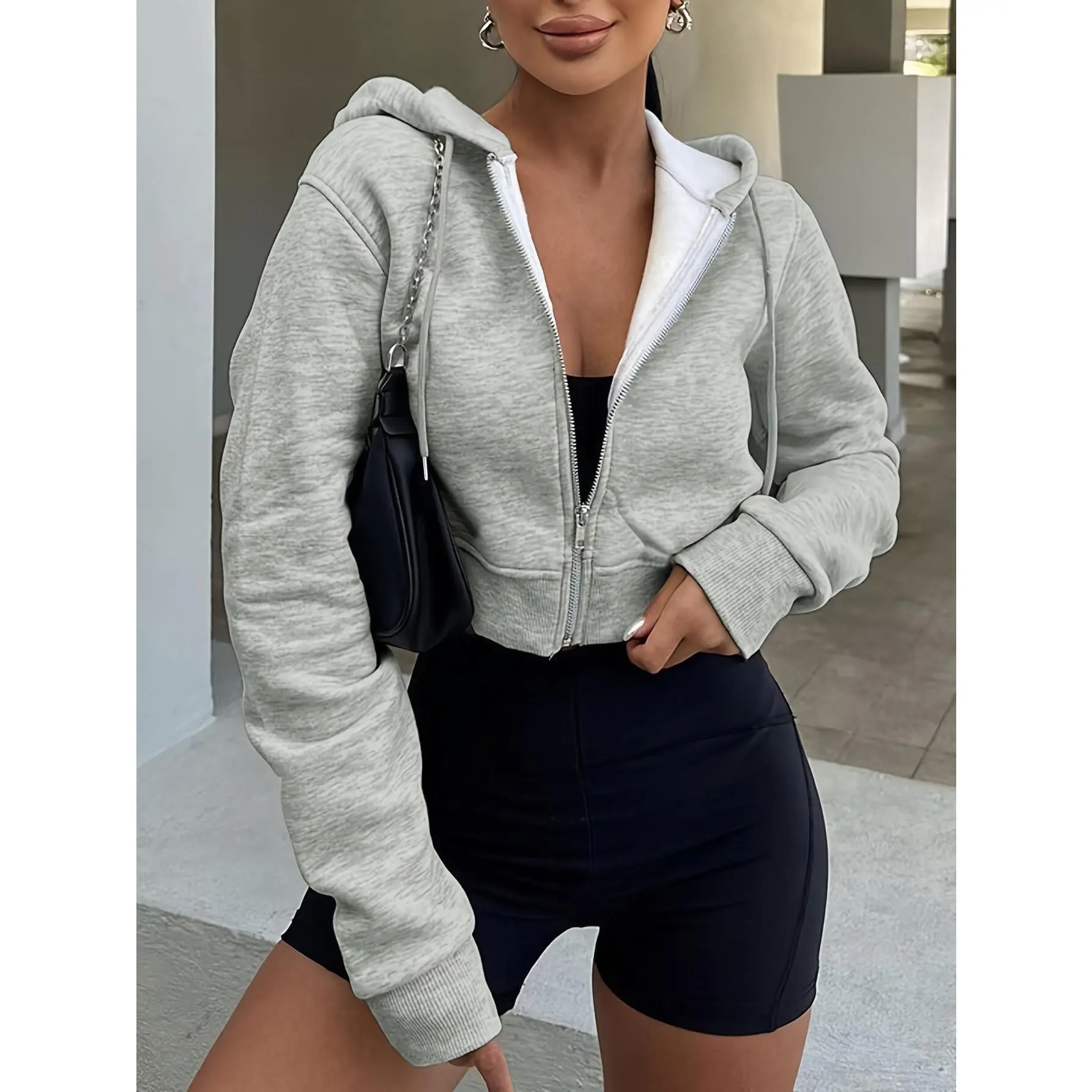 Women's Young Style Zip-Up Hoodie, Casual Solid Knit Crop Top with Long Sleeves and Ribbed Hem for Fall-Winter, Basic, Long Sleeve, Polyester