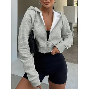 [Cozy Polyester Hoodie] Cozy Light Gray Polyester Zip-Up Hoodie - Chic Women's Crop Sweatshirt with Ribbed Hem, Long Sleeves for Fall & Winter, Machine Washable