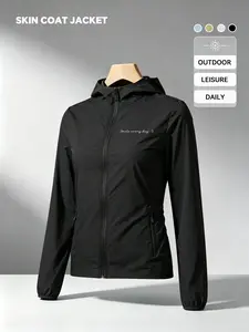 Smile Every Day Handwritten Text Print Women Summer Hooded Zip Up Skin Coat Jacket Four Colors Optional Soft Skin Friendly Comfortable Loose Breathable Lightweight Fashion Casual Outdoor Camping Hiking Cycling Commuting Daily Travel Vacation Must Have New