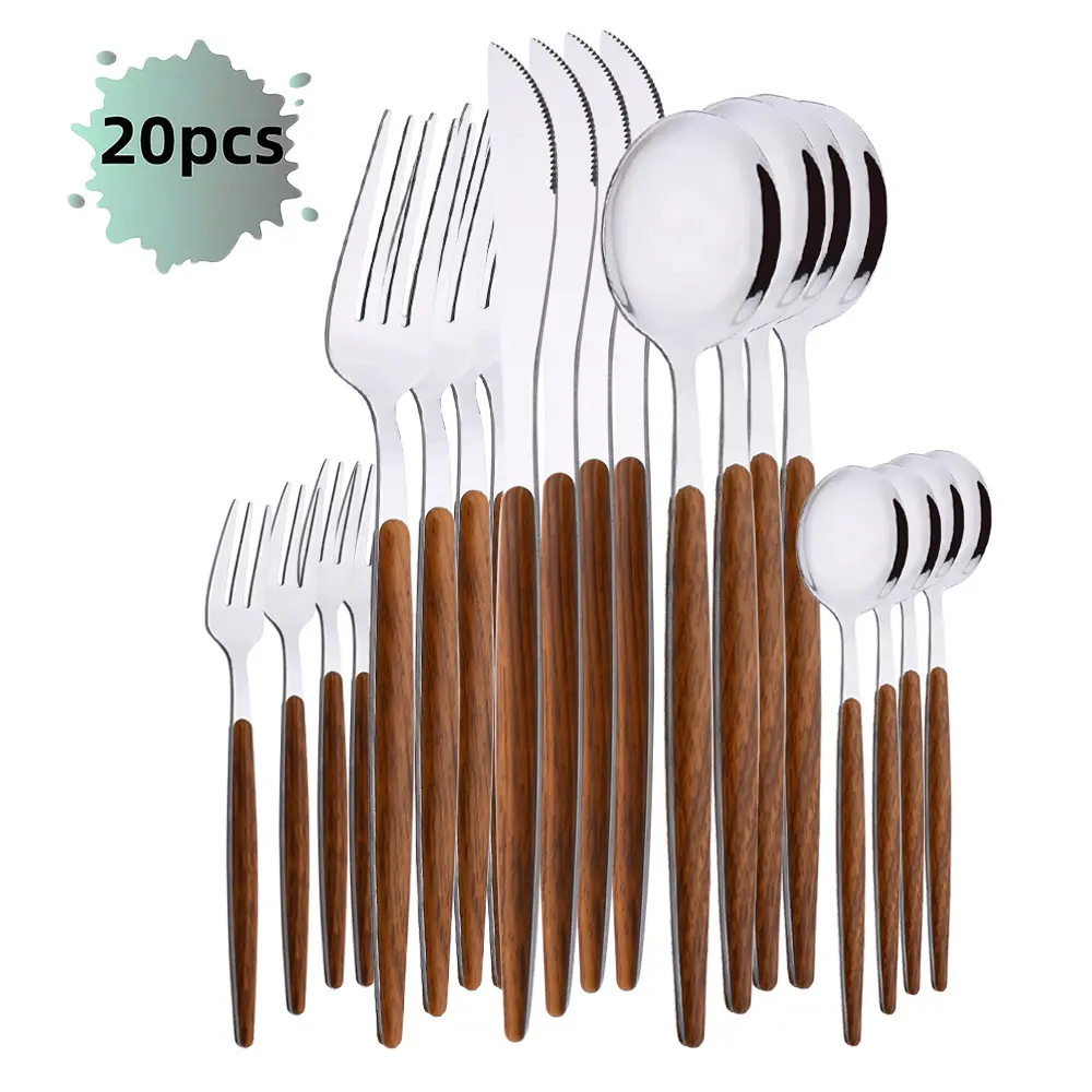 20 Pieces Wood Stainless Steel Cutlery Set Wooden Handle Flatware Set Knife Fork Spoon, Kitchen Utensil Service for 4, Mirror Polished