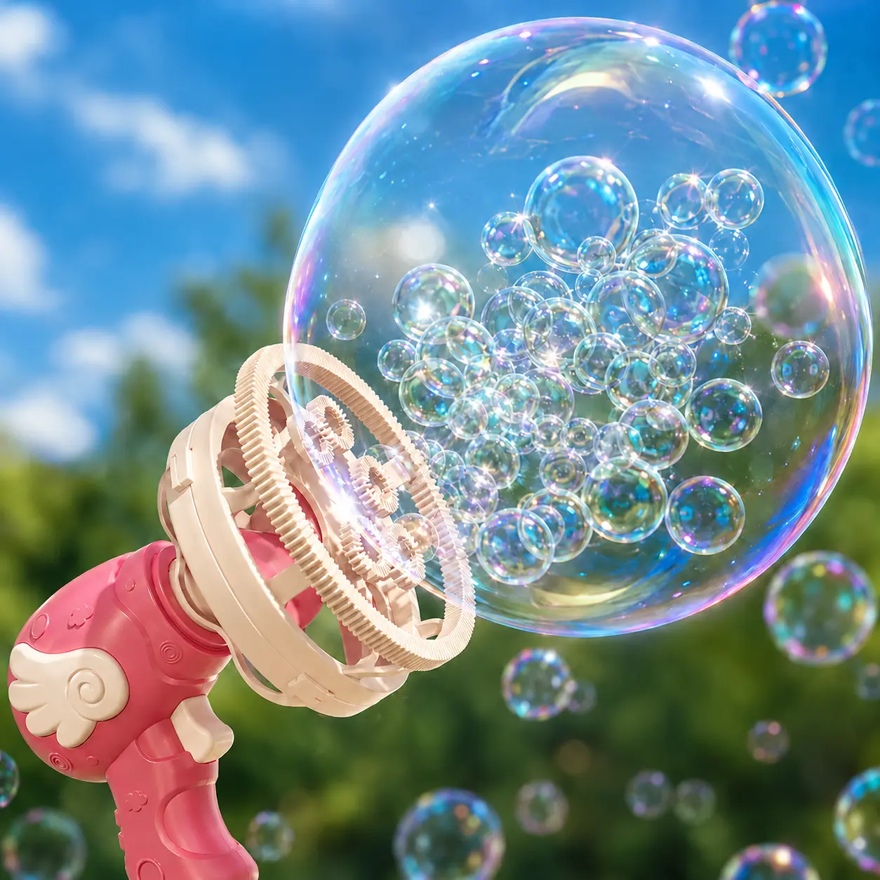 Bubble in Bubble Magic Gun, Automatic Bubble Machine Blower with Giant Outer Bubble and Mini Bubbles for Kids, Outdoor Party Toy