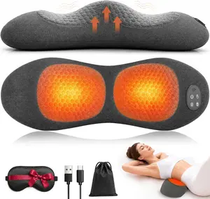 Heated Back Massager Pillow, Cordless Lumbar Support with Vibration & Built-in Inflatable Airbag for Stretching, Battery Powered Memory Foam Device with Automatic Shut-Off for Pain Relief Removable Therapy