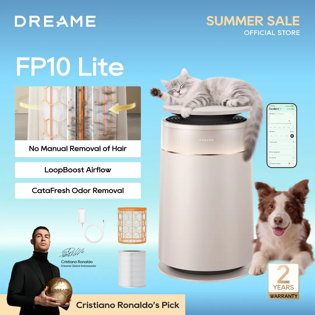 DREAME FP10 HEPA Filter Air Purifier with Self-Cleaning Pet Hair Suction, Captures Floating Cat/Dog Hair & Dander, 4-Filter Smart App & Voice Control for Large Home Rooms, Pet Odor Reduction, Large Room