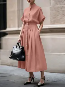 ZANZEA Women's 2-Piece Fitted Casual Solid Outfit - Half-Sleeve Buttoned Shirt, Pleated Skirt - Minimalist Womenswear for Daily Commuting, All Seasons, Casual Matching Set