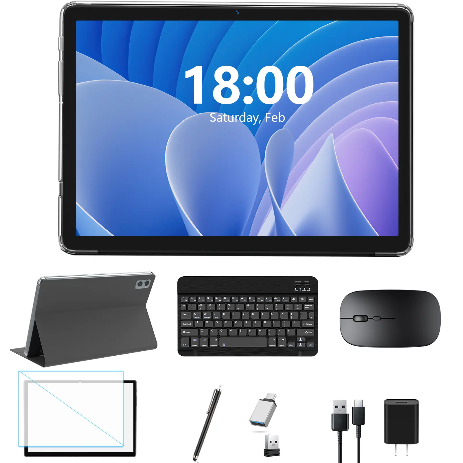 Tablet with Keyboard, 128GB Android Tablet 10 Inch, 8GB RAM+ 1TB Expansion, 2-In-1 Tablet, Octa-Core Processor, 13+8MP Dual Camera, 5G WIFI Tablet, Bluetooth, GPS, W/ Foldable Case, Mouse, Stylus,Gray