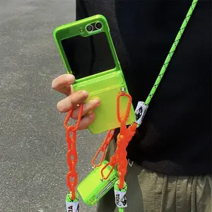Fashion Fluorescent Green Crossbody Lanyard Phone Case For Samsung Galaxy Z Flip 7 FE 6 5 4 3 Insert Cards Back Cover