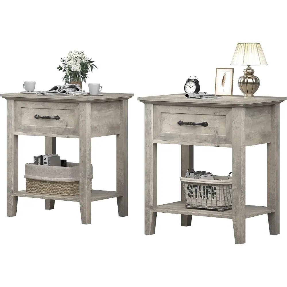 2PCS Nightstand, Bedside Table End Table for Bedroom Nursery Living Room, End Table with Storage Drawer, Easy Assembly, 2pcs-Grey