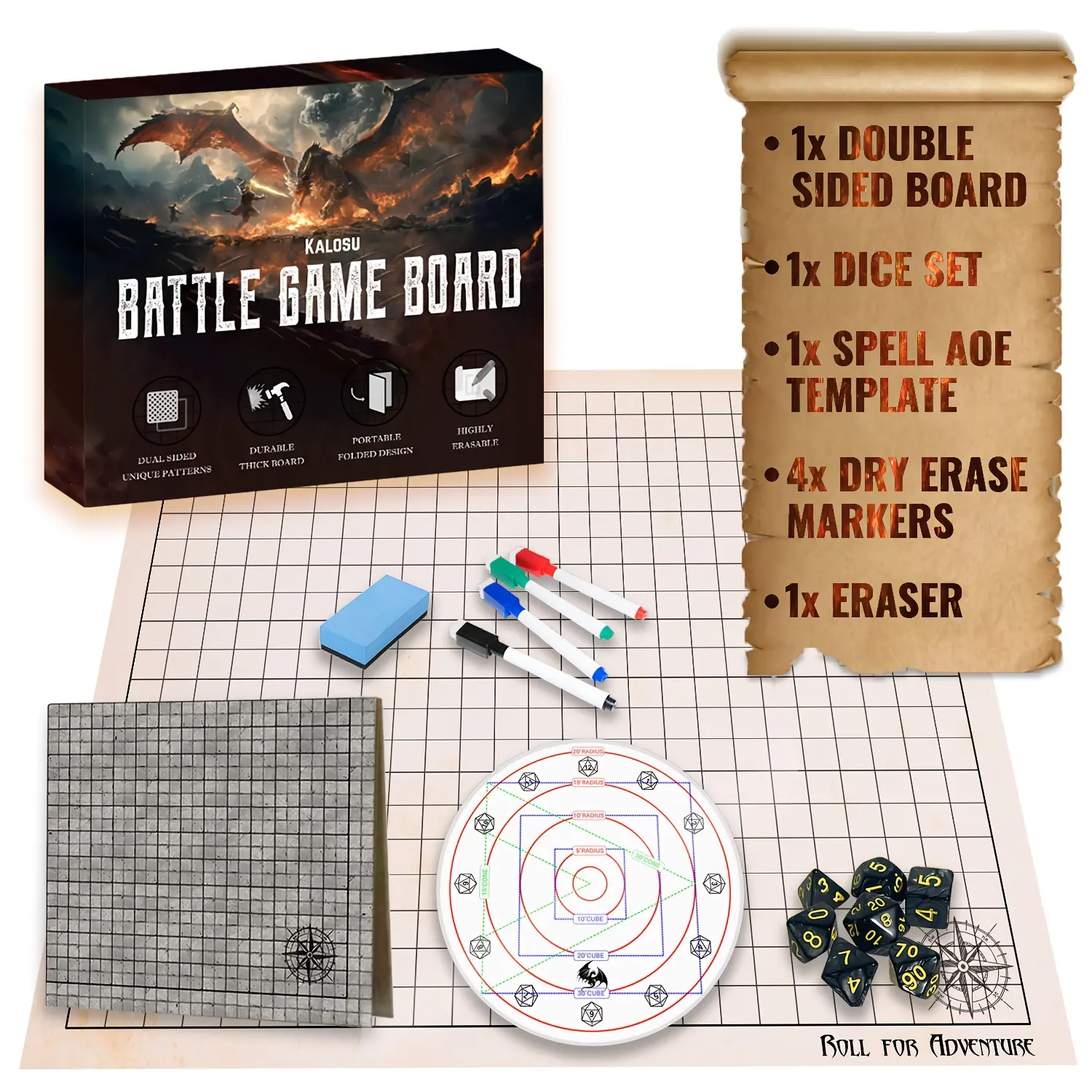 DND Foldable Game Set With Double-Sided Battle Game Board And Dice Set, Wet/Dry Erase Terrain Grid Map, With Spell AOE Template, Perfect TableTop RPG Kit for DND, Pathfinder Board Game Players