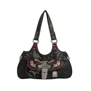 Rivet Belt Punk Y2k Leather Shoulder Purse for Women Guitar Star Dark Grunge Goth Bag 2000s Streetwear with Rivet Belts and Shoulder Carry Design