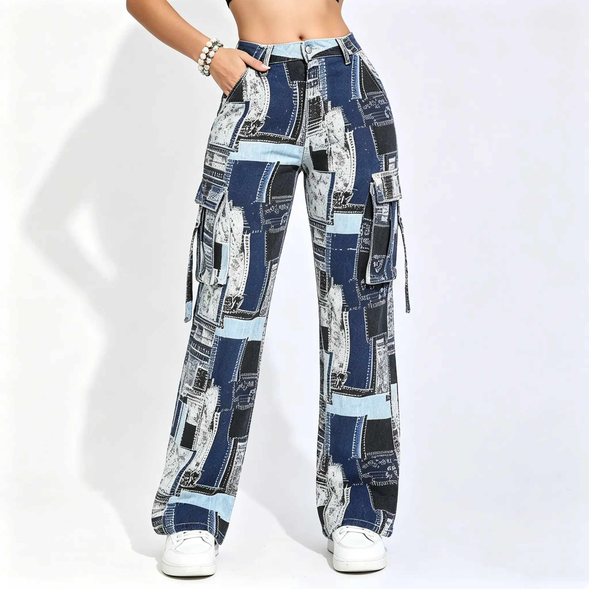 Women's American retro straight leg Streetwear versatile denim Patchwork Cargo Jeans trouser