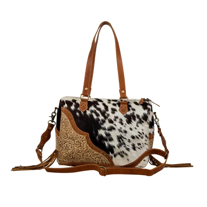 Myra Laredo Concealed Carry Satchel - Hand-Stitched Hair-On Leather Women's Handbag with Embossed Detailing, Western Fringe Design, Culturally-Inspired, Large-Capacity (Concealed, Hand-Sewn Women's Handbags), Concealed Women's Handbags