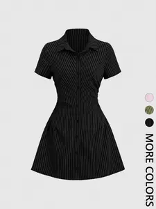 This Vertical Stripe Shirt Dress is Timeless Retro Vibes Short Sleeve Ruched Waist Button Down Mini Dress
