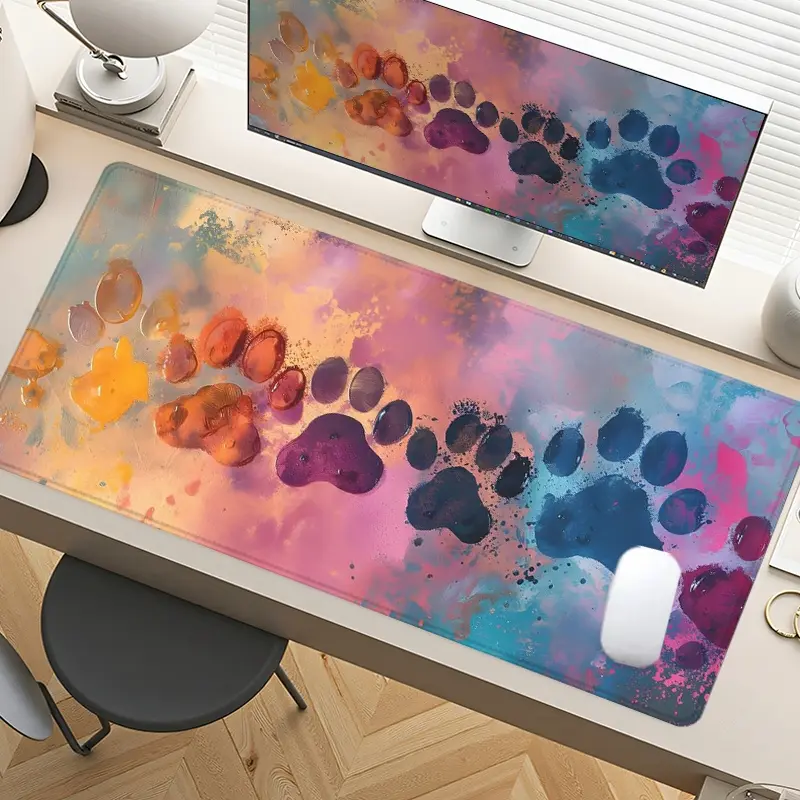 Colorful Paw Print Desk Pad Desk Mat Cute Gaming Mousepad XXL Mouse Pad for Laptop Desk Mouse Pad Extra Large Computer Mouse Pad with Non - Slip Rubber Base Stitched Edges Surface for PC Gamers Office Workers & Home Use