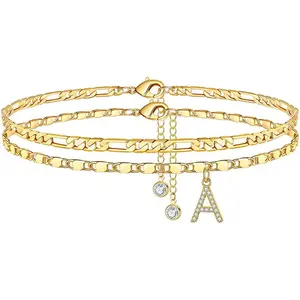 Anklet Suit 14K Gold Plated Delicate Layered Figaro Chain CZ Initial Letter Anklet Suit Summer Gift
