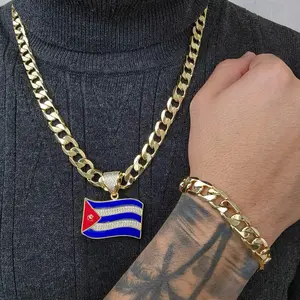 ViOrO 14K Gold Plated 10mm Cuban Link Chain with Bracelet and Flag Country Pendant for Dairy Use. Electro Laminated Premium Jewelry