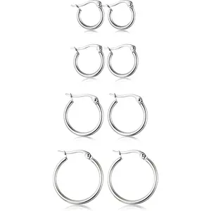 Women's Fashionable 4-Pair Stainless Steel Hoop Earring Sets - Cute Huggie Earrings, 10MM-20MM