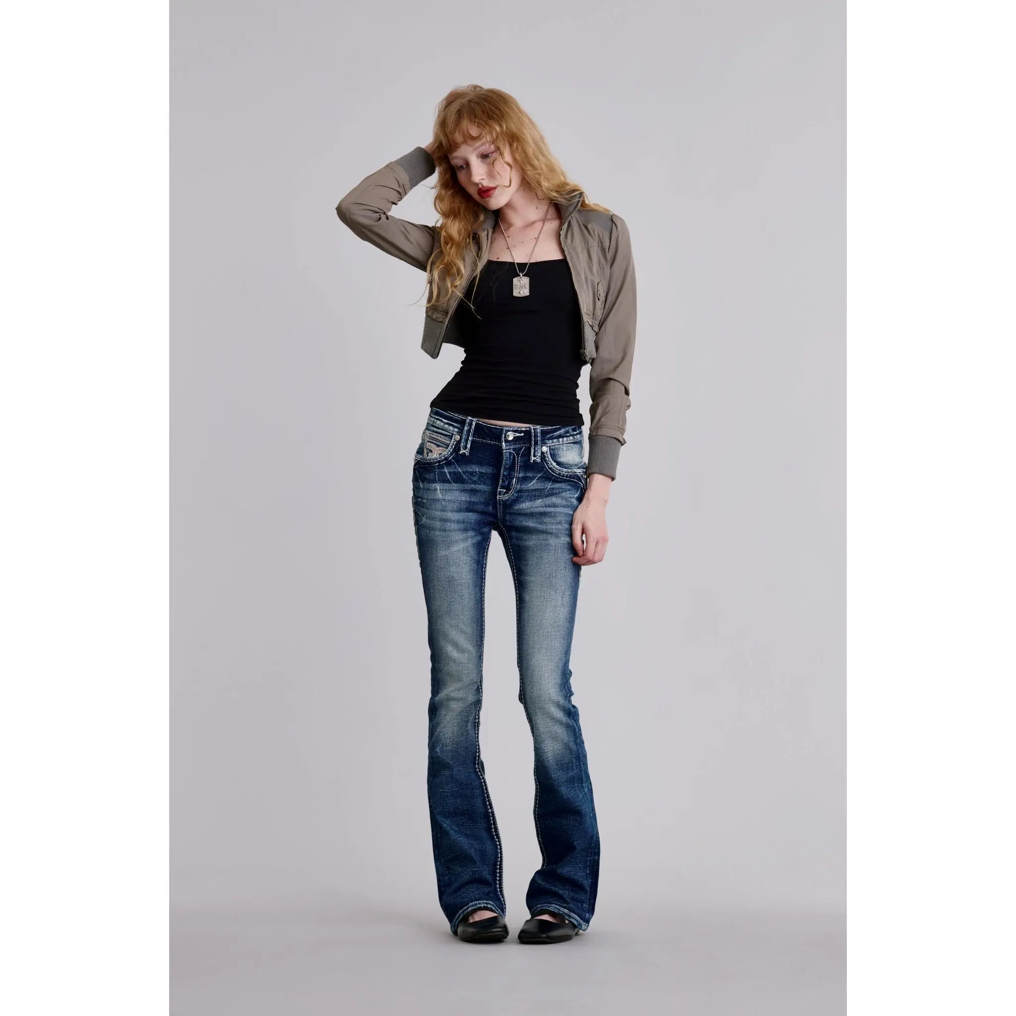 Rock Revival Women's Evarose Relaxed Bootcut Jeans in Dark Wash Stretch Denim with Signature Fleur-de-Lis Embroidery, Pants, Flared Jeans, Leather, Relaxed Fit, Embroidered, Casual Wear, Relaxed Cut