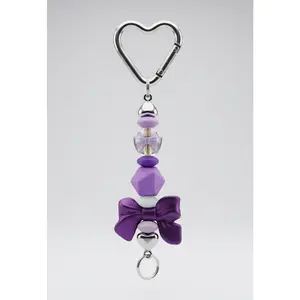 Purple Bow & Heart Charm Beaded Keychain