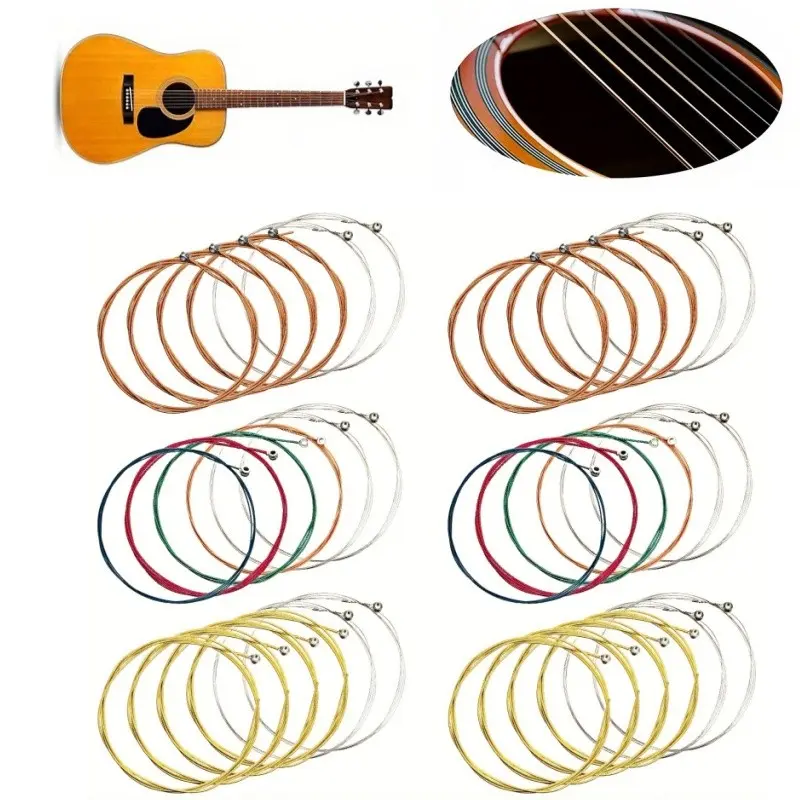 6-Set Pack (36 Strings) — Acoustic Guitar Replacement Strings: Colored Coiled Acoustic Guitar Strings suitable for Acoustic-Electric Guitars, Beginners, and Experienced Players. Replacement Strings for Acoustic Guitars.