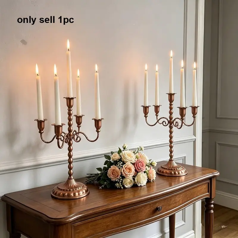 American luxury red copper five candlesticks romantic candlelight dinner atmosphere ornaments wedding soft wrought iron candle holder