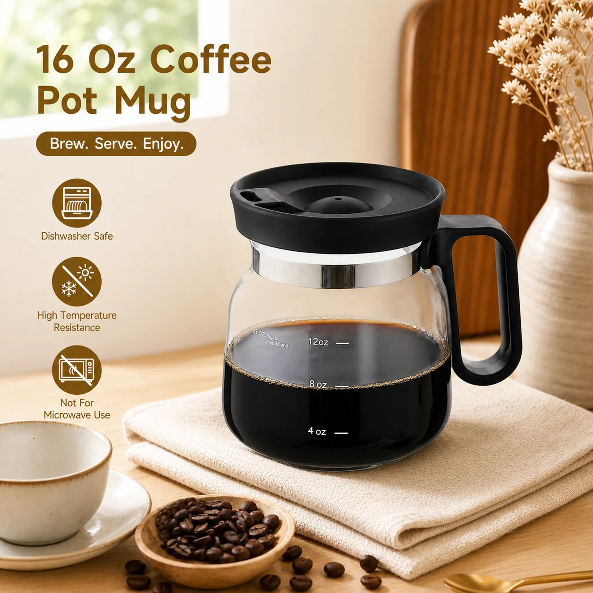 16 Oz Glass Coffee Carafe Mug with Measurement Lines, Heat-Resistant Small Coffee Pot with Handle & Lid for Home & Office