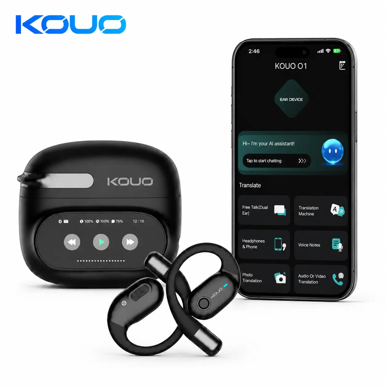 KOUO O1 Wearable Open-Ear Headphones Bluetooth 5.4, LED HD Display, High-Fidelity Audio, Noise Cancellation, IPX7 Waterproof, Fast Charging, for Office & Sports, High-Quality Audio Calls, Studying Use