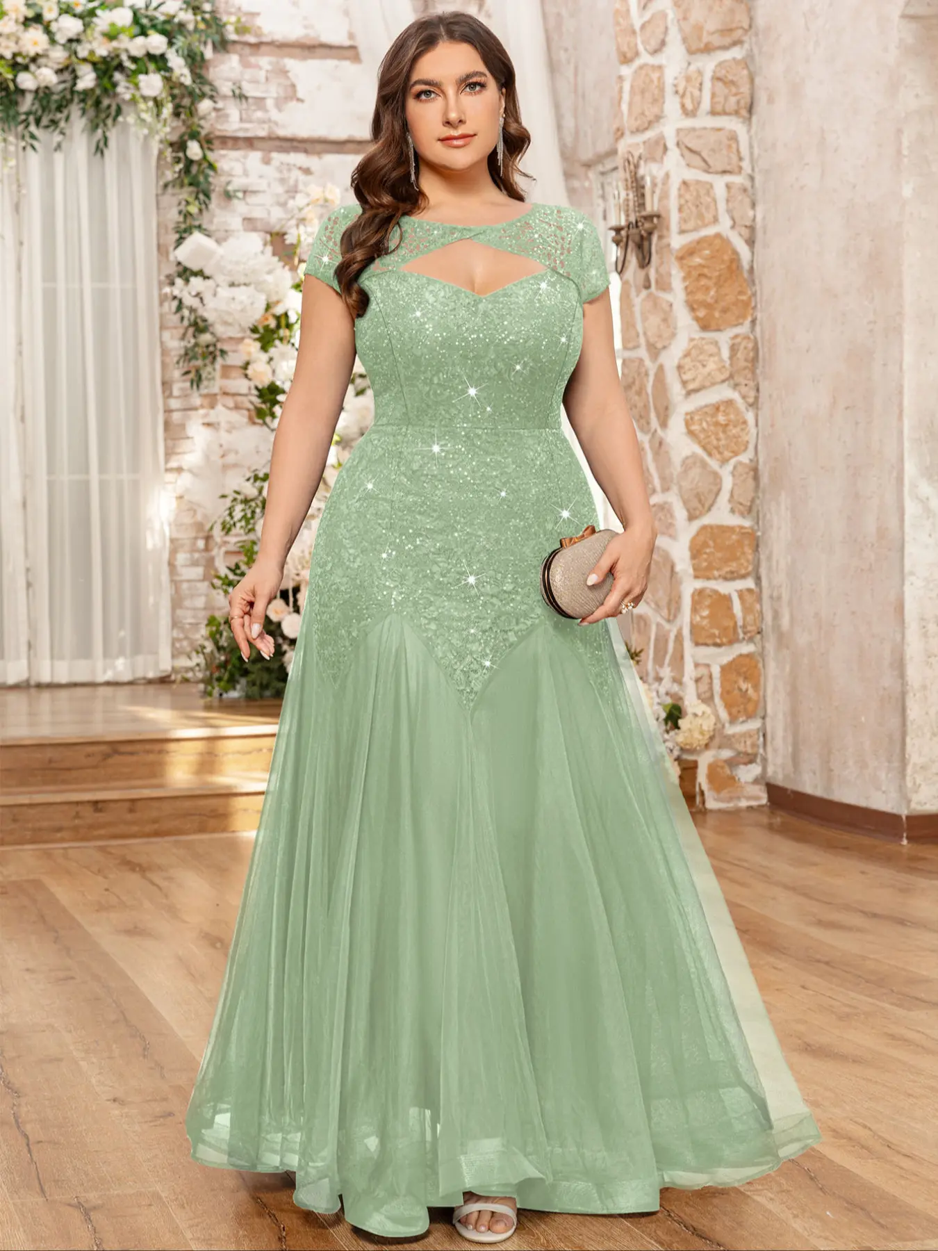 MISSMAY P24490A Plus, Curvy Sweetheart Neck Cutout Sparkly Sequin Floral Lace Contrast Mesh Tulle Ruffle Mermaid Hem Formal Cocktail Evening Party Prom Maxi Dress, Homecoming Dress, Wedding Guest Dress, For Birthday, Dinner, Graduation, Womenswear