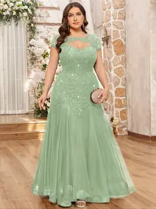 MISSMAY P24490A Plus Elegant Sweetheart Neck Sequin Floral Lace Contrast Mesh Ruffle Mermaid Hem Evening Party Prom Long Dress, Homecoming Dress, Wedding Guest Dress, For Birthday, Dinner, Graduation