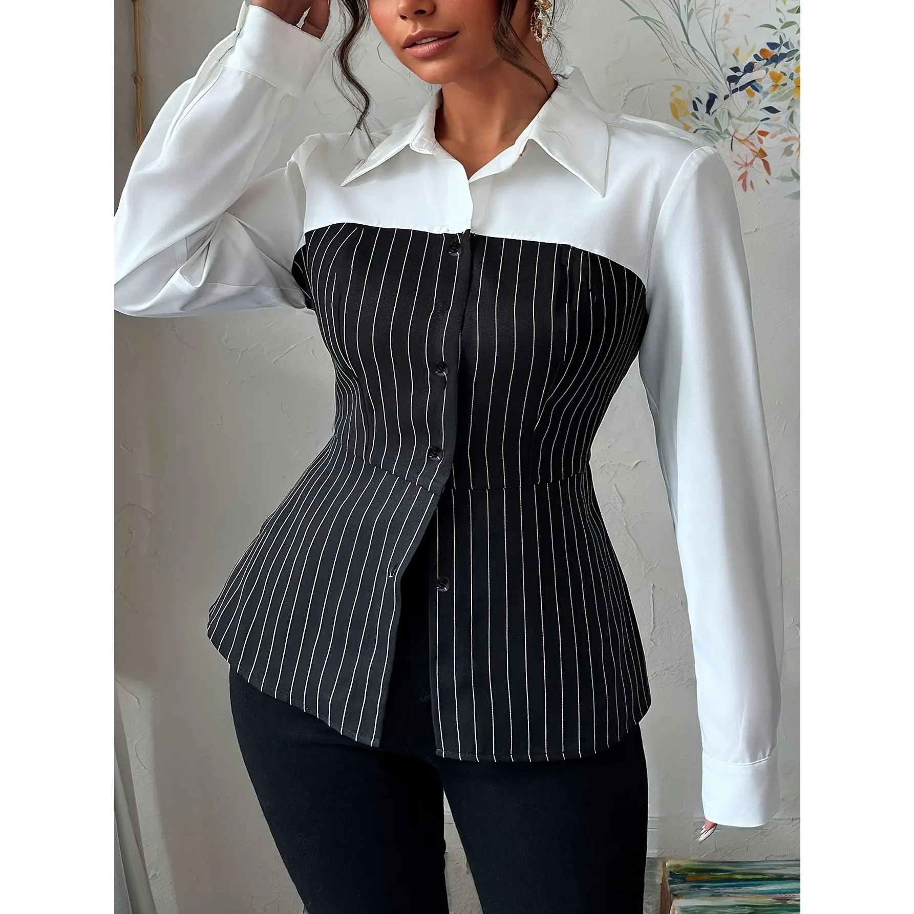 Large Size Women'S Elegant Commuter Striped Splicing Fake Two-Piece Slimming Color Block Long Sleeve Shirt
