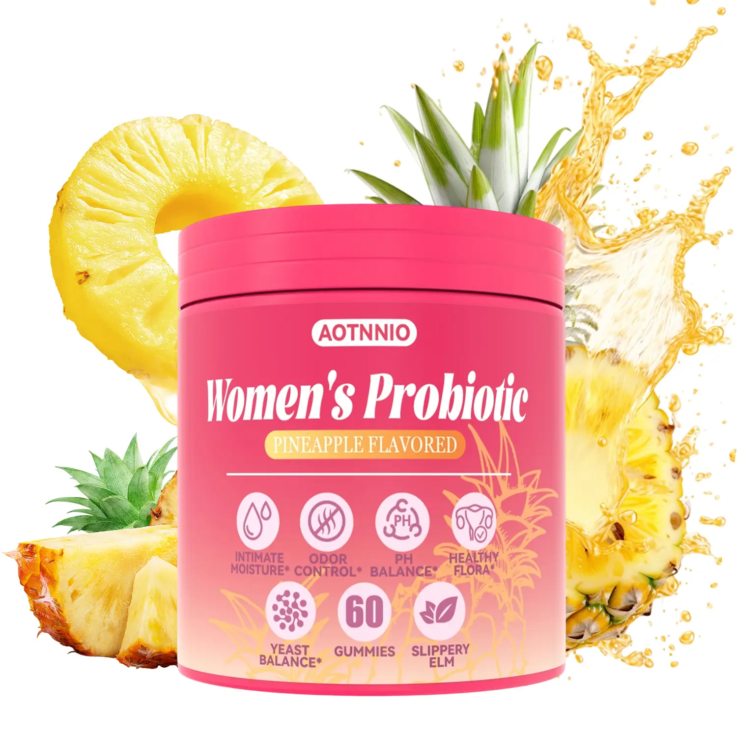 Feminine Probiotic Gummies for Women | With Slippery Elm, Prebiotics & Probiotic Blend | Supports pH Balance, Gut Wellness & Freshness | Pineapple Flavor | 60 Count