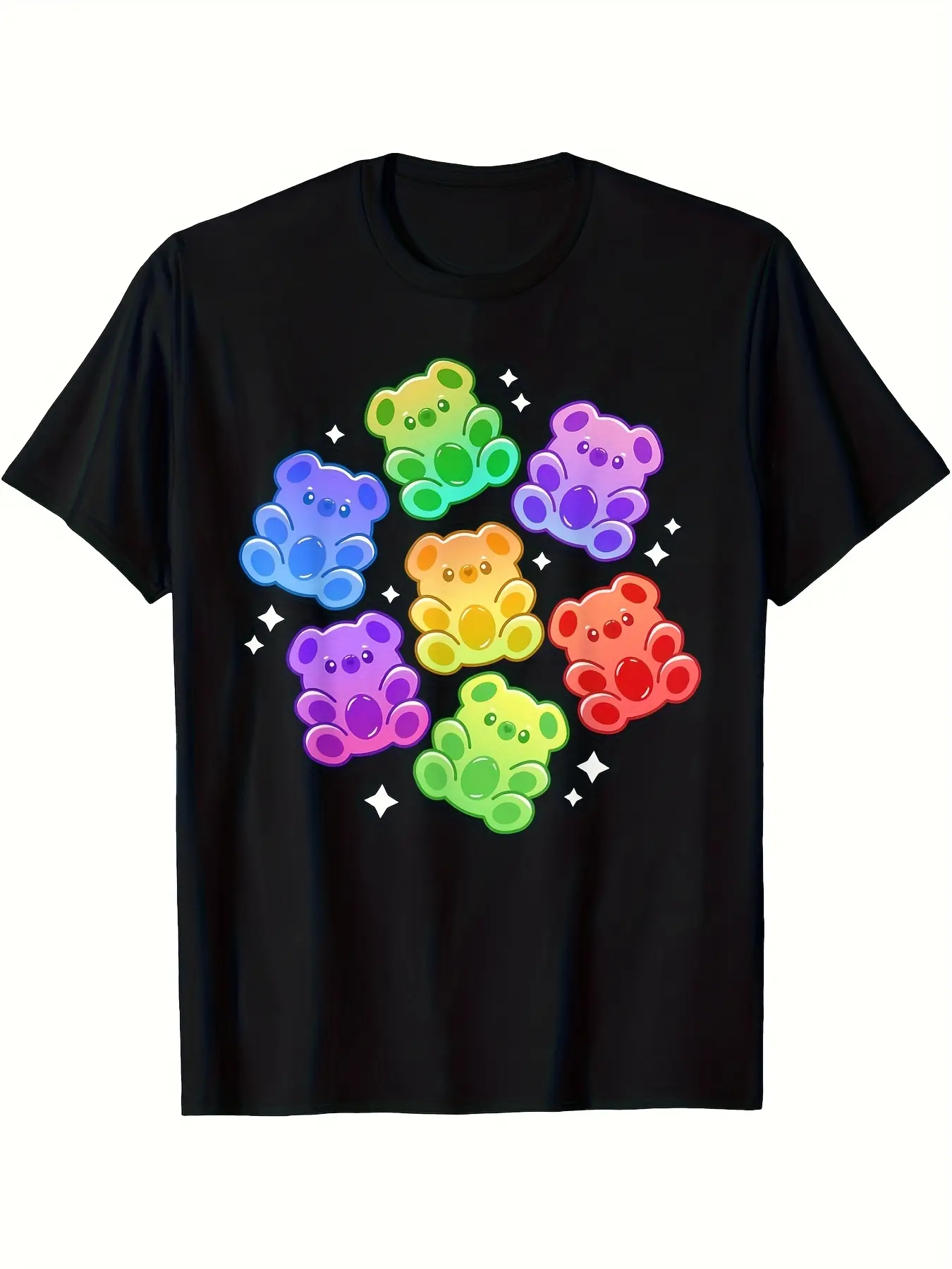 Kawaii Rainbow Gummy Bear T-Shirt for Men & Women - Plus Size 220GSM Pure Cotton Cute Retro Graphic Tee with Gummy Bear Print, Unisex Casual Summer T-Shirt for s