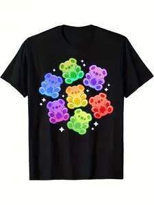 Kawaii Rainbow Gummy Bear T-Shirt for Men & Women - Plus Size 220GSM Pure Cotton Cute Retro Graphic Tee with Gummy Bear Print, Unisex Casual Summer T-Shirt for s