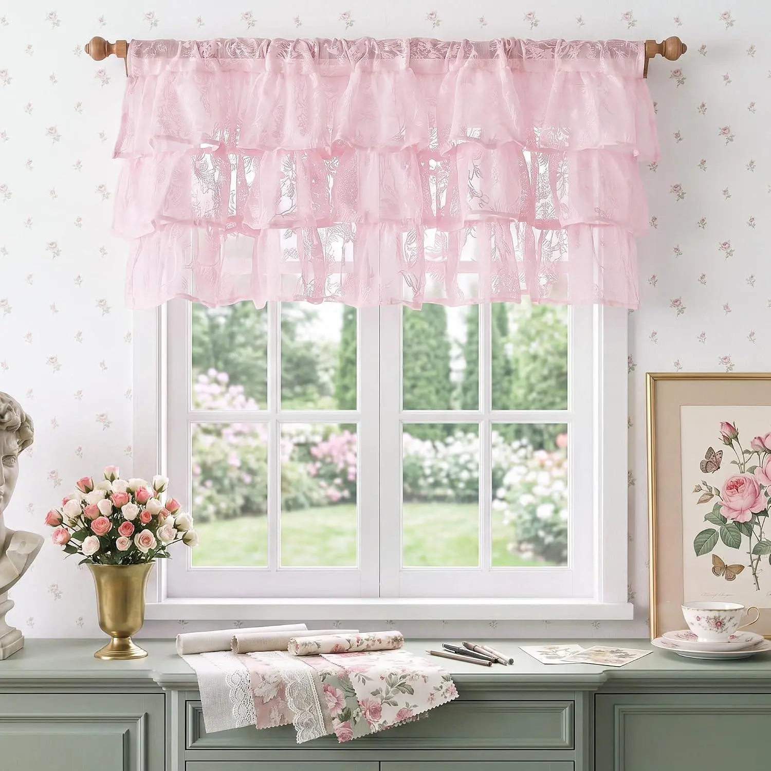NICETOWN 1-Panel Lace Ruffle Valance Curtain, Country Rustic Floral Sheer Valance for Kitchen/Girls Room Window, Rod Pocket Privacy Light Filtering