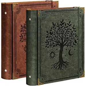 2 Pack Leather 3 Ring Binder Fits 8.5"x11" Letter Size Paper, 2 Inch Round Ring Binder Holds 500 Sheets, Notepad Paper Cover Loose Leaf Organizer, Green and Brown