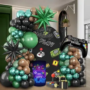 112pcs game themed birthday balloon party set with green and black cards. The balloons are paired with explosive star game controllers and aluminum foil balloons, making them perfect for boys' game themed birthday parties, Balloon Party Supplies