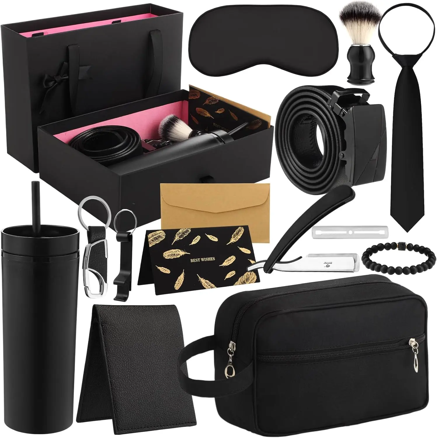 12 Pcs Father Gift Basket for Men Birthday Gift Set 16 oz Tumbler Bottle Opener Keychain PU Leather Wallet Tie Belt Bag Bracelet Eye Mask Thank You Present for Him Dad Husband Brother, Box, Plastic, Boyfriend Gifts, Gifts For Boyfriends