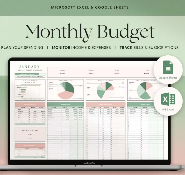Excel & Google Sheets Monthly Budget Tracker Spreadsheet - Biweekly Financial Planner, Monthly Bill Organizer, Debt Tracker for Couples, 50/30/20 Dashboard, Automated Calendar, Debt Calculator, Expense Distribution, Investment Forecast, Includes 28 Tabs