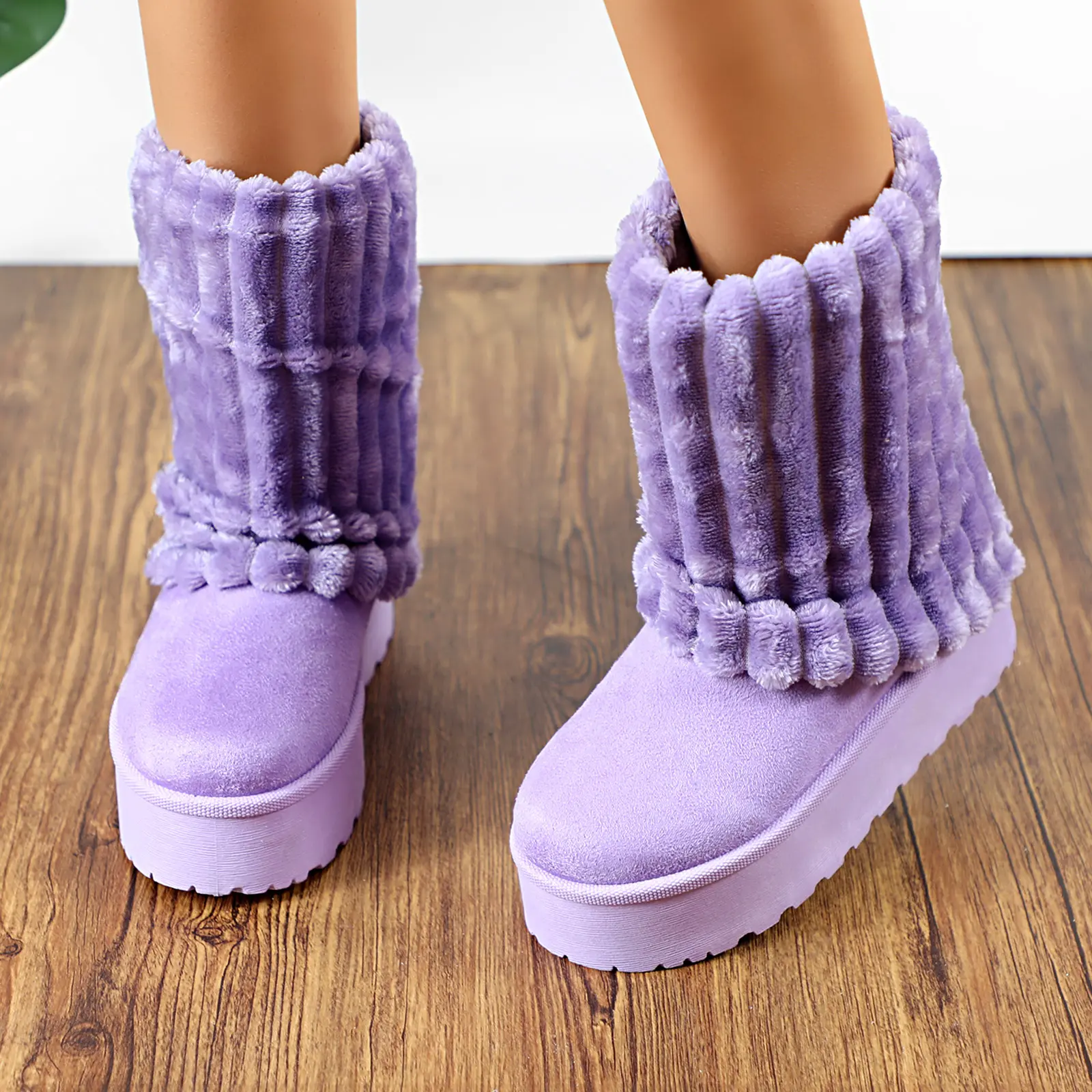 Women's Cute Winter Snow Boots, Plain Faux Suede Mid-Calf Platform with Warm Faux Fur Lining and Anti-Slip Outsole, Cute Winter Boot, Footwear, Outdoor