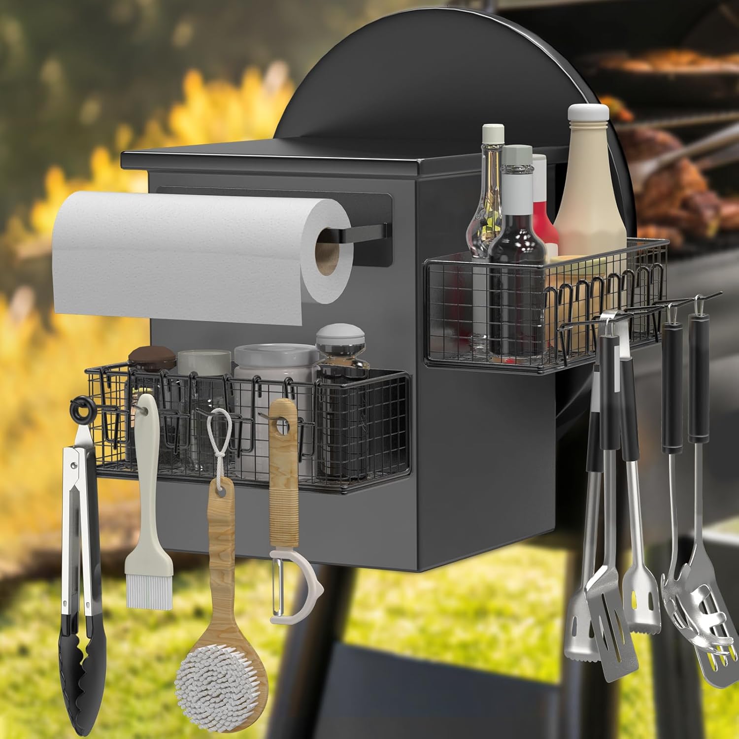 Magnetic Storage Bin & Paper Towel Holder for Traeger Smoker Grills Compatible with Ironwood 885 Pro Series 34 22 D2 575 780 650 Z-Grills Pit Boss Enhances Grilling Experience with Easy Attachment and Organized Storage